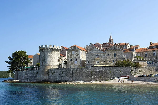 Europe, Croatia, Dalmatia, Korcula island, Korcula town, showing the fortified city walls