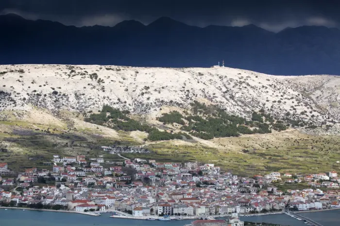 Framed Print : Europe, Croatia, Dalmatia, Zadar region, Pag island, Pag town under stormy skies Framed Print : Europe, Croatia, Dalmatia, Zadar region, Pag island, Pag town under stormy skies