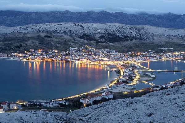 Europe, Croatia, Dalmatia, Zadar region, Pag island, Pag town at dusk