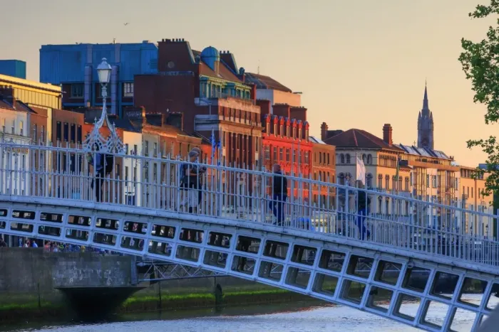 Framed Print : Europe; Dublin, Halfpenny bridge and Liffey river at sunset Framed Print : Europe; Dublin, Halfpenny bridge and Liffey river at sunset