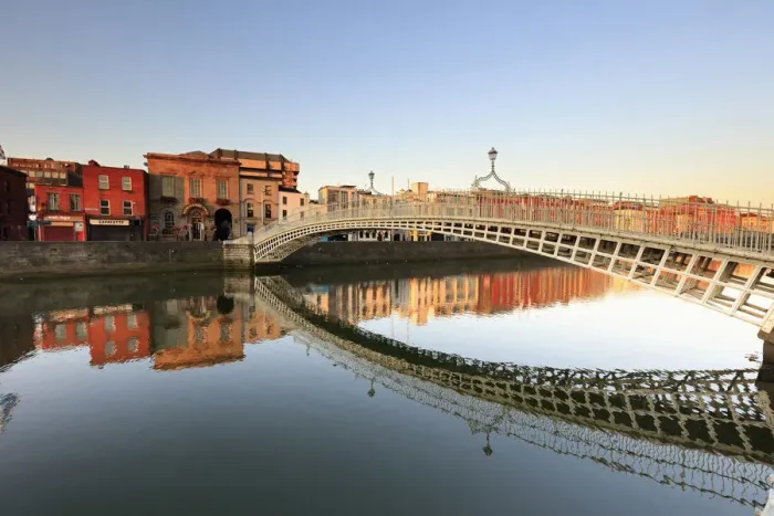 Framed Print : Europe; Dublin, Halfpenny bridge and Liffey river at sunset Framed Print : Europe; Dublin, Halfpenny bridge and Liffey river at sunset