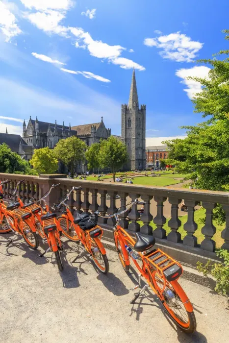 Framed Print : Europe, Dublin, Ireland, Bikes parking in the gardens at St. Patrick Cathedral