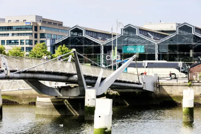Framed Print : Europe, Dublin, Ireland, Footpath bridge on the Liffey river with EPIC (Irish Emigration Framed Print : Europe, Dublin, Ireland, Footpath bridge on the Liffey river with EPIC (Irish Emigration