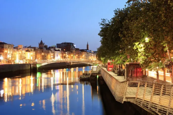 Framed Print : Europe, Dublin, Ireland, Halfpenny bridge by night reflecting on the Liffey river Framed Print : Europe, Dublin, Ireland, Halfpenny bridge by night reflecting on the Liffey river
