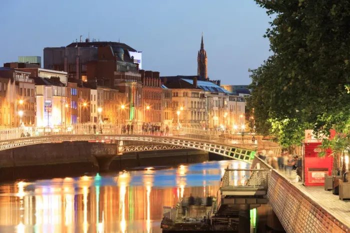 Framed Print : Europe, Dublin, Ireland, Halfpenny bridge by night reflecting on the Liffey river Framed Print : Europe, Dublin, Ireland, Halfpenny bridge by night reflecting on the Liffey river