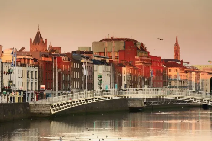 Framed Print : Europe, Dublin, Ireland, Halfpenny bridge at sunrise with buildings reflecting in Framed Print : Europe, Dublin, Ireland, Halfpenny bridge at sunrise with buildings reflecting in