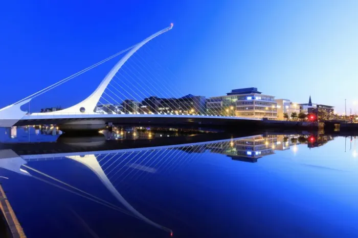 Framed Print : Europe, Dublin, Ireland, Samuel Beckett bridge by night reflecting on the Liffey river