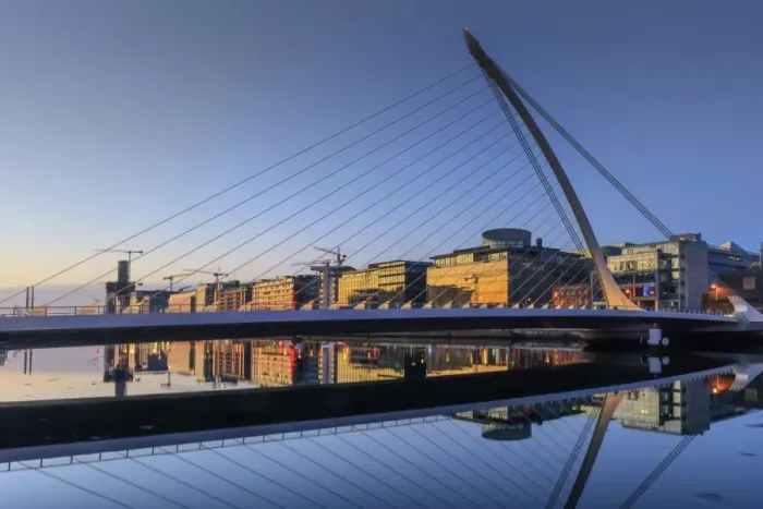 Framed Print : Europe, Dublin, Ireland, Samuel Beckett bridge by night reflecting on the Liffey river