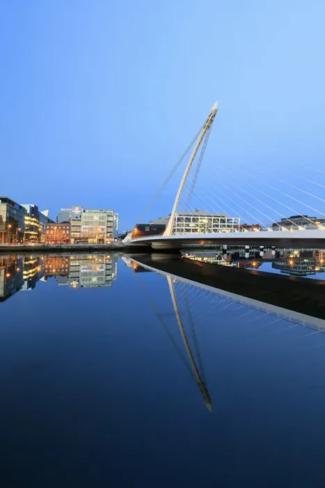 Framed Print : Europe, Dublin, Ireland, Samuel Beckett bridge by night reflecting on the Liffey river Framed Print : Europe, Dublin, Ireland, Samuel Beckett bridge by night reflecting on the Liffey river