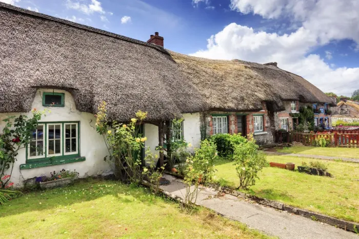 Framed Print : Europe, Dublin, Ireland, traditional cottages with straw roofs in Adare village Framed Print : Europe, Dublin, Ireland, traditional cottages with straw roofs in Adare village