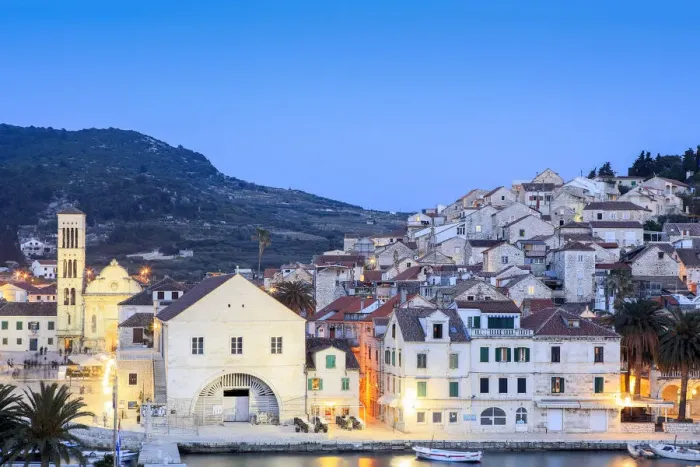 Framed Print : Europe, Eastern Europe, Croatia, Hvar. Hvar town at dusk on Hvar Island in Dalmatia Framed Print : Europe, Eastern Europe, Croatia, Hvar. Hvar town at dusk on Hvar Island in Dalmatia