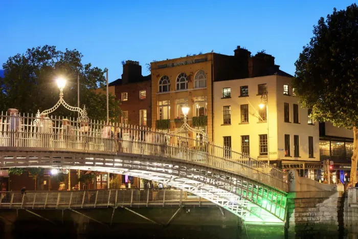 Framed Print : Europe, European, Western Europe, Europe; Dublin, Halfpenny bridge and Liffey river