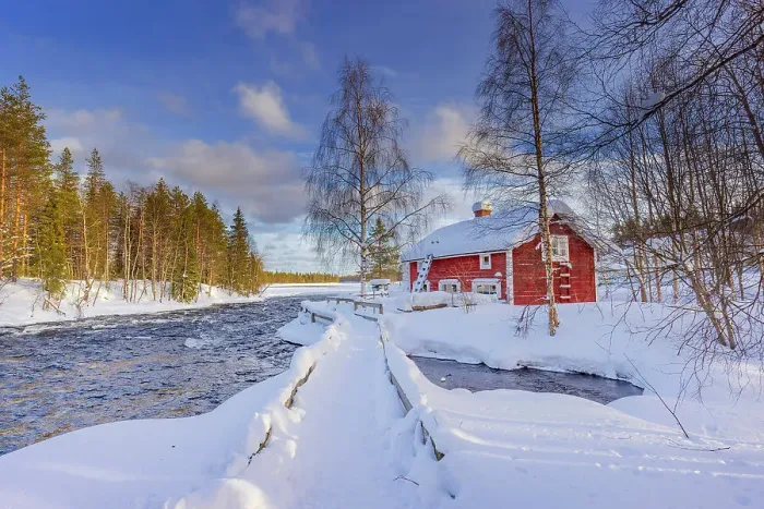 Framed Print : Europe, Finland, red house by the river near Ruka Framed Print : Europe, Finland, red house by the river near Ruka