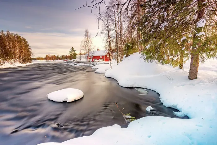 Framed Print : Europe, Finland, red house by the river near Ruka Framed Print : Europe, Finland, red house by the river near Ruka