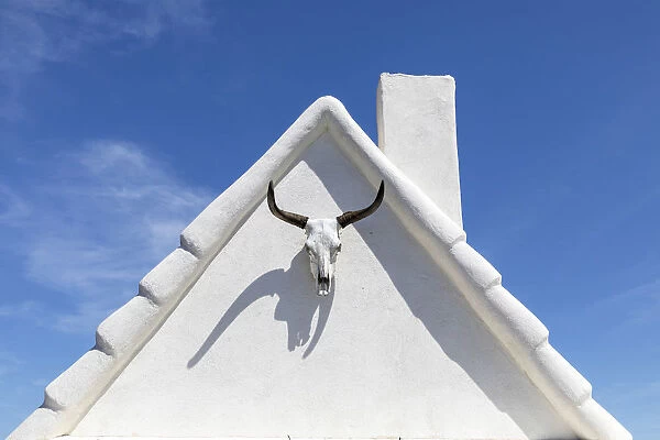 Europe, France, Provence-Alpes-Cote d'Azur, Bouches-du-Rhone, Camargue, Saintes-Maries-de-la-Mer, a typical guardian's house decorated with a bull's skull