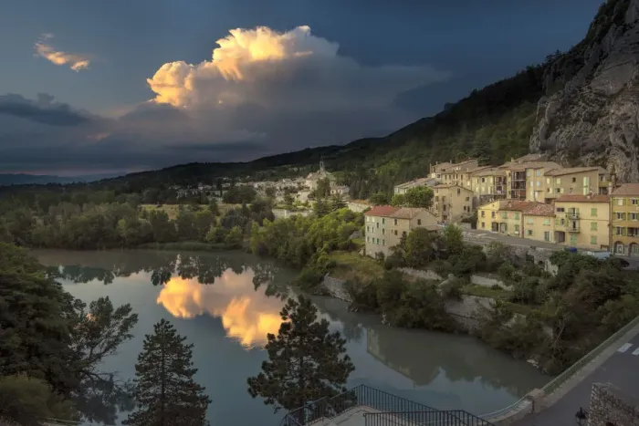 Framed Print : Europe, France, Provence, Sisteron, village with thunderstorm in the distance Framed Print : Europe, France, Provence, Sisteron, village with thunderstorm in the distance