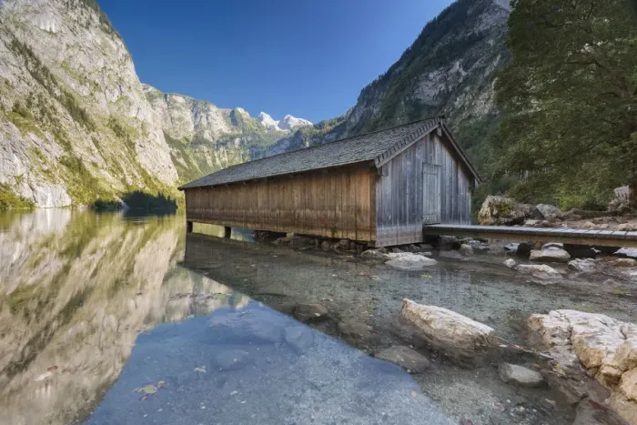 Framed Print : Europe, Germany, Bavaria, Berchtesgaden. Boat dock hangar on Obersee alpine lake in Framed Print : Europe, Germany, Bavaria, Berchtesgaden. Boat dock hangar on Obersee alpine lake in