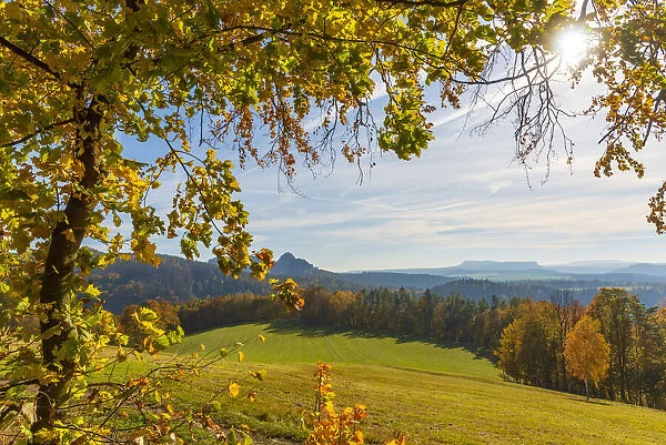 Europe, Germany, Saxon Switzerland. View towards the impressive table mountains of