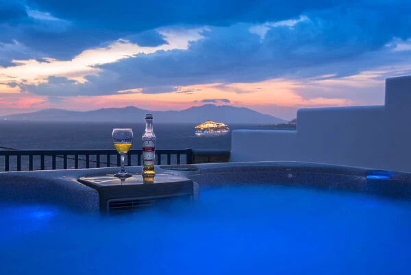 Europe, Greece, Cyclades island, Aegean Sea, Mykonos, Myconos, hot tub view over the
