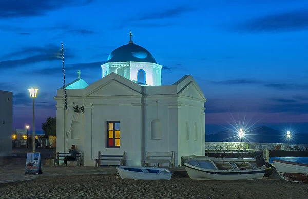 Europe, Greece, Cyclades island, Aegean Sea, Mykonos, Myconos, harbour church at night