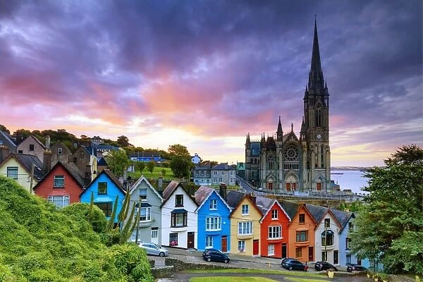 Europe, Ireland, Cork, Cobh Cathedral at colored houses at sunrise