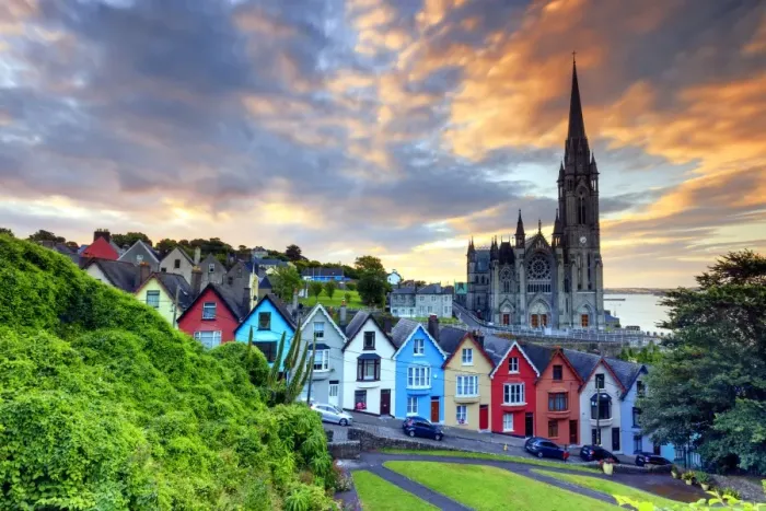 Framed Print : Europe, Ireland, Cork, Cobh Cathedral at colored houses at sunrise Framed Print : Europe, Ireland, Cork, Cobh Cathedral at colored houses at sunrise