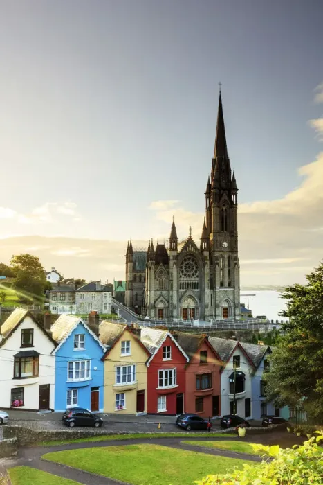 Framed Print : Europe, Ireland, Cork, Cobh Cathedral at colored houses at sunrise Framed Print : Europe, Ireland, Cork, Cobh Cathedral at colored houses at sunrise