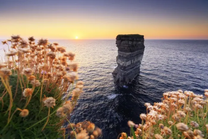 Framed Print : Europe, Ireland, Downpatrick head sea stack at sunset