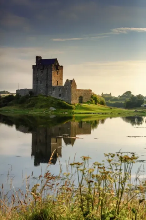 Framed Print : Europe, Ireland, Dunguaire castle at sunrise in Kinvara village reflecting in Framed Print : Europe, Ireland, Dunguaire castle at sunrise in Kinvara village reflecting in
