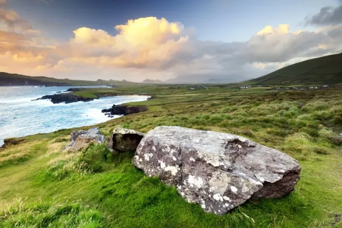 Framed Print : Europe, Ireland, sunset view over Ballyferriter Bay, Sybil Point and the peaks of the Three Sisters