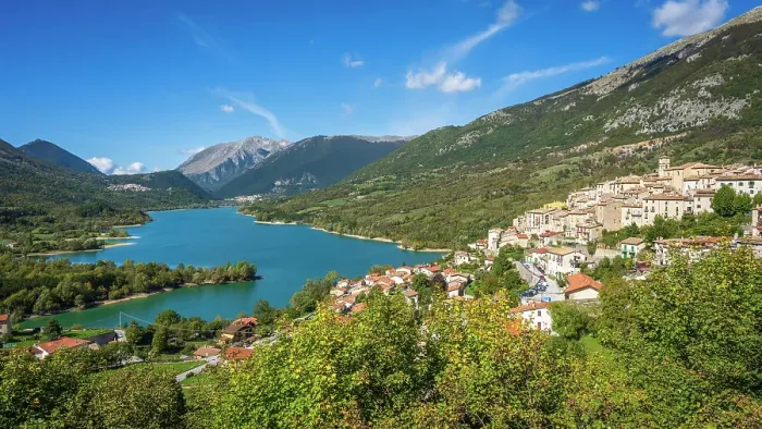 Framed Print : Europe, Italy, Abruzzo. The medieval village of Barrea on the lake Framed Print : Europe, Italy, Abruzzo. The medieval village of Barrea on the lake
