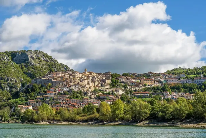 Framed Print : Europe, Italy, Abruzzo. The medieval village of Barrea on the lake Framed Print : Europe, Italy, Abruzzo. The medieval village of Barrea on the lake