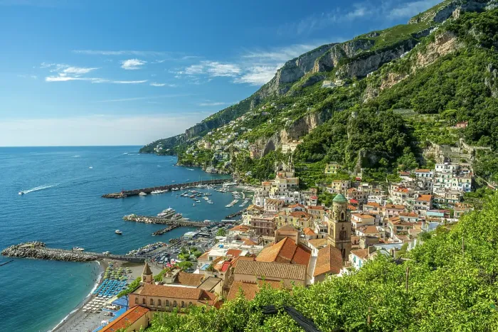 Framed Print : europe, Italy, Campania. Amalfi, view over the town and the harbour Framed Print : europe, Italy, Campania. Amalfi, view over the town and the harbour