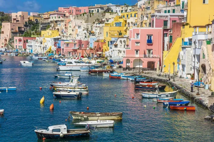Framed Print : Europe, Italy, Campania. The characteristic little harbour of Procida