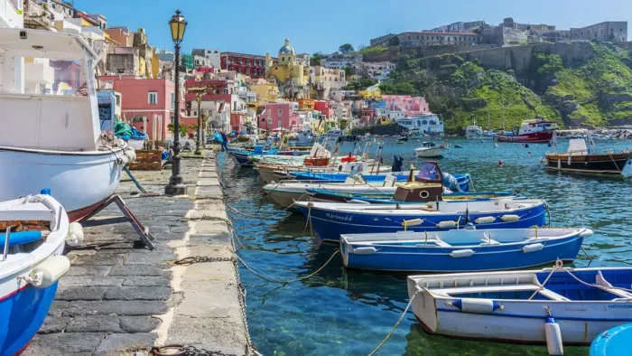 Framed Print : Europe, Italy, Campania. The characteristic little harbour of Procida with its fishing Framed Print : Europe, Italy, Campania. The characteristic little harbour of Procida with its fishing
