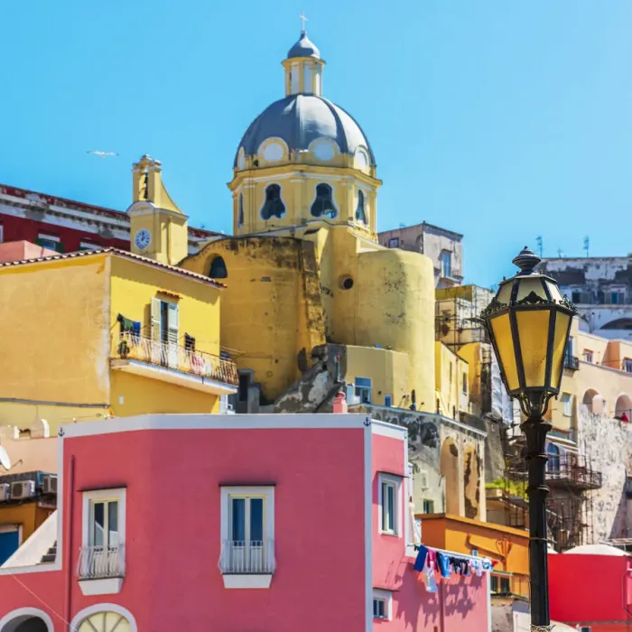 Framed Print : Europe, Italy, Campania. Marina Corricella of Procida with its characteristic church Framed Print : Europe, Italy, Campania. Marina Corricella of Procida with its characteristic church