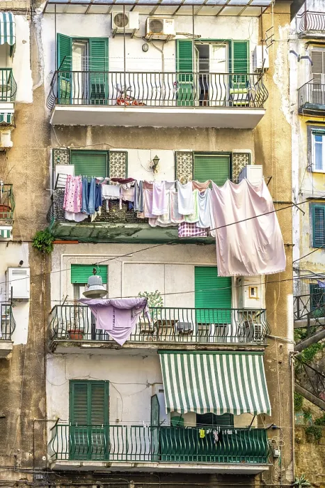 Framed Print : Europe, Italy, Campania. Naples. Typical scene of drying laundry on clotheslines in Naples