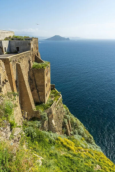 Europe, Italy, Campania. The palazzo D Avalos of Procida seen with Capri Island in