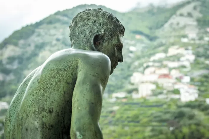 Framed Print : europe, Italy, Campania. Ravello, Villa Cimbrone, a beautiful bronce statue on a balcony with a view Framed Print : europe, Italy, Campania. Ravello, Villa Cimbrone, a beautiful bronce statue on a balcony with a view