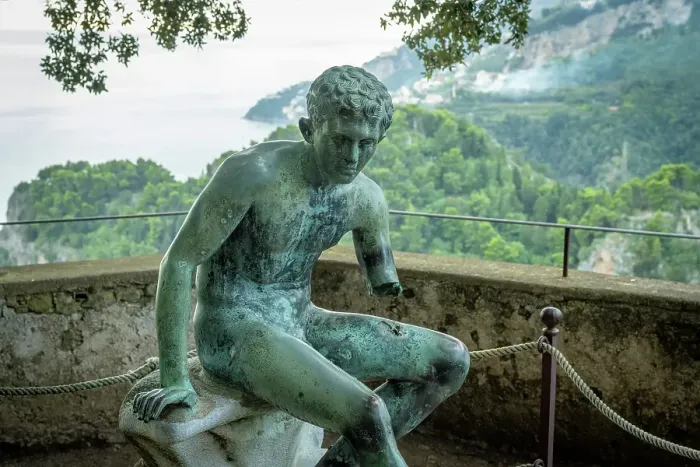 Framed Print : europe, Italy, Campania. Ravello, Villa Cimbrone, a beautiful bronce statue on a balcony with a view Framed Print : europe, Italy, Campania. Ravello, Villa Cimbrone, a beautiful bronce statue on a balcony with a view