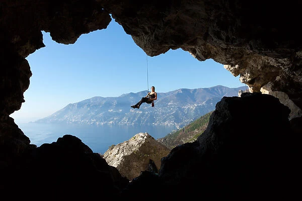 Europe, italy, Campania, Salerno district, Amalfi coast. Climber downhill