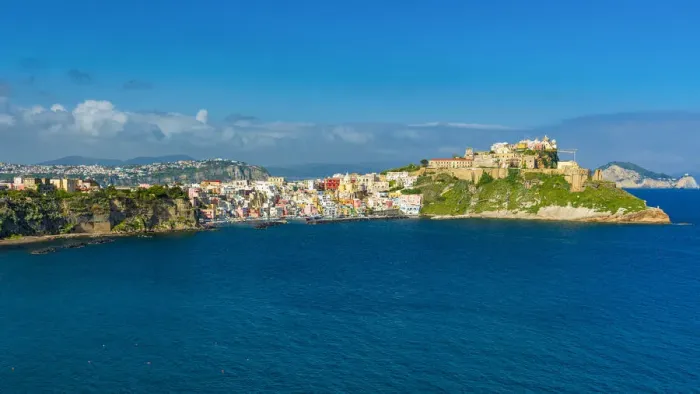 Framed Print : Europe, Italy, Campania. View towards the Marina Corricella of Procida island Framed Print : Europe, Italy, Campania. View towards the Marina Corricella of Procida island