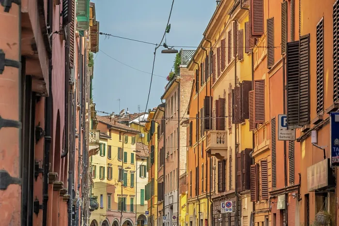 Framed Print : europe, Italy, Emilia-Romagna, Bologna. A road in the historic centre with the typical porticoes