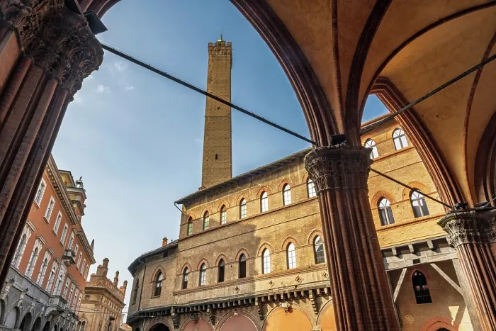 Framed Print : europe, Italy, Emilia-Romagna, Bologna. A road in the historic centre with the typical porticoes and the asinelli tower. Piazza della Mercanzia Framed Print : europe, Italy, Emilia-Romagna, Bologna. A road in the historic centre with the typical porticoes and the asinelli tower. Piazza della Mercanzia