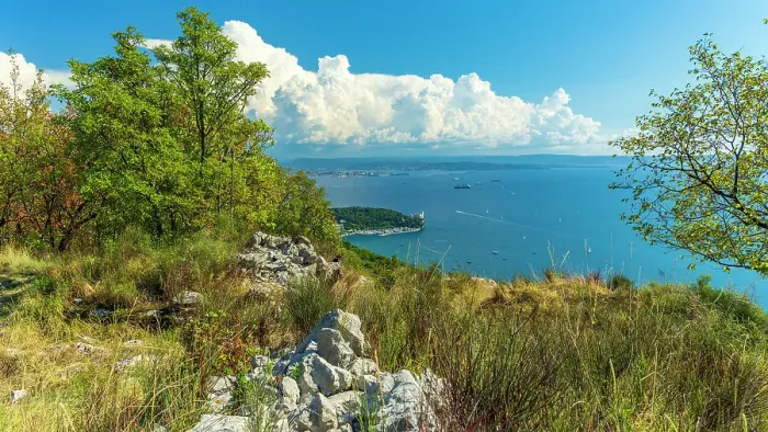 Framed Print : europe, Italy, Friuli Venezia Giulia. View from the hiking path downwards to the Gulf of Trieste