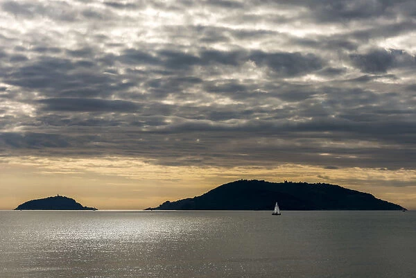 Europe, Italy, Island of Palmaria from La Spezia, a yacht travels though the Gulf