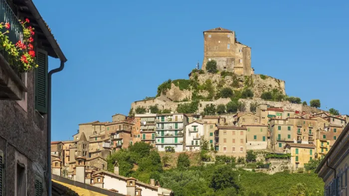 Framed Print : europe, Italy, Latium. View of the town of Subiaco with the fortress towering above Framed Print : europe, Italy, Latium. View of the town of Subiaco with the fortress towering above