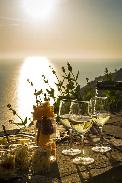 europe, Italy, Liguria. An aperitif with Cinque Terre wine