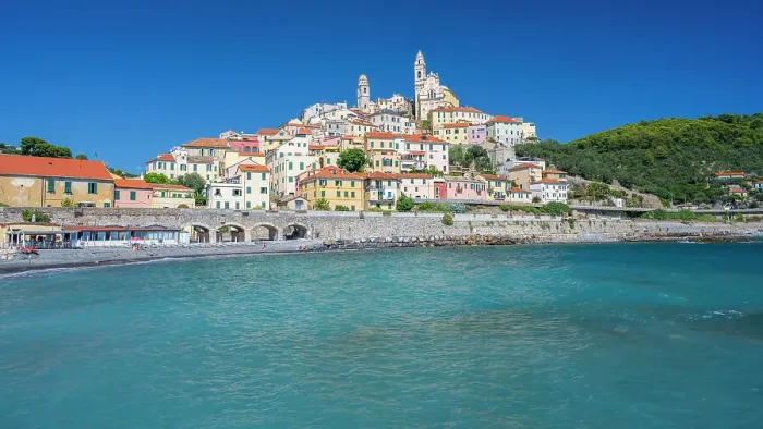 Framed Print : Europe, Italy, Liguria, The beautiful skyline of Cervo seen from the beach Framed Print : Europe, Italy, Liguria, The beautiful skyline of Cervo seen from the beach