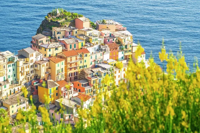 Framed Print : europe, Italy, Liguria. Cinque Terre. View of Manarola in springtime with flowering broom